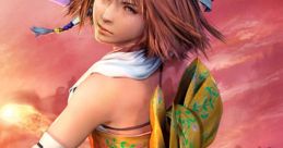 Yuna from Final Fantasy X, showcasing her signature outfit against a colorful sunset backdrop. Iconic character design.