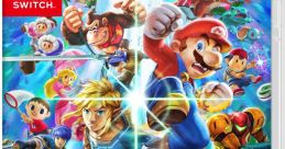 Super Smash Bros Ultimate game cover featuring Mario, Link, and various iconic Nintendo characters battling together.