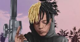 Xxxtentacion reimagined as Franklin from GTA 5, holding a mask, set against a vibrant backdrop with palm trees.