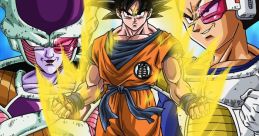 Goku powers up in Dragon Ball Z Kai, flanked by Frieza and Vegeta, showcasing intense battle energy and iconic characters.