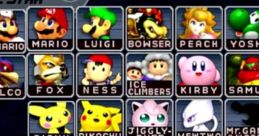 Classic character selection screen from Super Smash Bros. Brawl featuring iconic fighters like Mario, Pikachu, and Kirby.