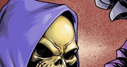 Skeletor flaunts his menacing grin, cloaked in purple, holding his staff, embodying the essence of classic villainy.