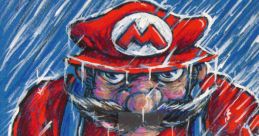 Determined Baby Mario in a red cap and overalls, gripping a wrench, rain pouring down in a dramatic scene.