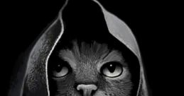 Cat in a dark hooded cloak with the text "Hello darkness, my old friend," evoking a mysterious vibe. Perfect for cat lovers!