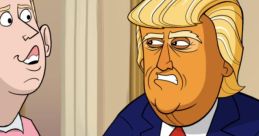 Trump-like animated character interacts with a nervous figure in a satirical scene from "Our Cartoon President.