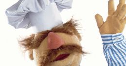 The Swedish Chef cheerfully waves while holding a wooden spoon, showcasing his fun cooking style with a whimsical expression.