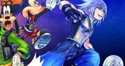 Goofy, Mickey, Riku, and Aqua from Kingdom Hearts stand on a checkered floor against a cosmic backdrop.