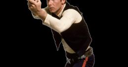 Han Solo aiming with a blaster, wearing a classic vest and pants, showcasing his iconic adventurous spirit and style.