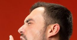 Man yawning and looking bored against a red background, expressing feelings of tiredness and lack of engagement.