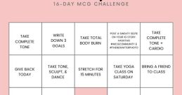 16-day MCG Bingo challenge featuring fitness goals like toning, yoga, and workout achievements for motivation and engagement.