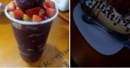 Delicious dessert creations at Oh Delicia featuring acai bowls, ice cream, and banana splits topped with strawberries.