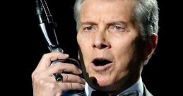 Michael Buffer announcing a boxing match, wearing a tuxedo and holding a microphone, exuding charisma and excitement.