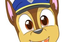 Charming cartoon dog in a police uniform with a big smile, perfect for showcasing Chase's cute laugh in clean fun.