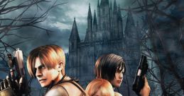 Leon, Ada, and Ashley with weapons, set against a haunted castle backdrop in Resident Evil 4's eerie atmosphere.