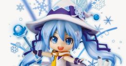 Cute character with blue hair and hat, surrounded by snowflakes, holding magic wand and accompanied by a rabbit, themed around winter.