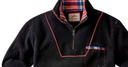 Stylish black Funky Fleece pullover with plaid collar, contrast stitching, and pocket detail for a trendy winter look.