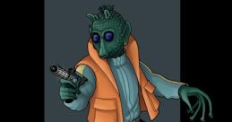 Beedo from Star Wars, dressed in orange, wielding a blaster, showcasing his distinct alien features and adventurous style.