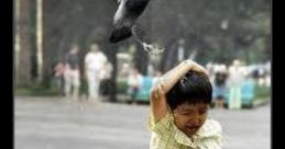 Child startled by a diving pigeon, expressing fear and surprise in a bustling park setting, showcasing humorous chaos.