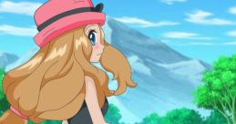 Serena from Pokémon XY in a vibrant landscape, wearing a pink hat, black top, and red skirt, walking confidently.