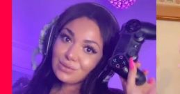 TikTok Lady gaming with a controller, wearing headphones in a stylish black outfit, showcasing her gamer girl vibe.