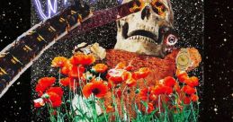 Surreal collage featuring a skull, vibrant flowers, and cosmic background, inspired by themes from "Sicko Mode.