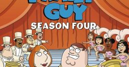 Colorful poster for Family Guy Season 4 featuring main characters in yellow costumes on a theatrical stage.