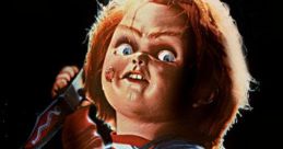 Chucky from Child's Play brandishing a knife, showcasing the horror icon's menacing grin and iconic striped shirt.