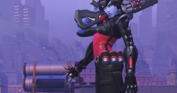 New Widowmaker from Overwatch, showcasing her sleek outfit and signature weapon in a futuristic cityscape.