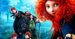 Merida from "Brave" (2012) holds a bow, surrounded by family in a vibrant Scottish landscape, embracing adventure and courage.