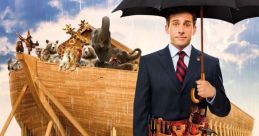 Steve Carell holds an umbrella, preparing to build an ark alongside animals in the comedic adventure "Evan Almighty.