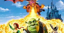 Shrek, Princess Fiona, and Donkey run from a dragon in a fiery scene from the animated film Shrek (2001). Fantasy adventure fun!