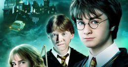 Harry Potter, Hermione Granger, and Ron Weasley featured in "Harry Potter and the Chamber of Secrets" promotional art.