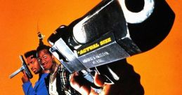 Two men brandishing toy guns in a comedic pose from the film "Don't Be a Menace to South Central". Cult classic parody scene.