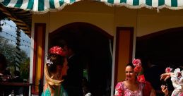 Festive Abril celebration in Spain with women in traditional flamenco dresses, vibrant colors, and lively atmosphere.