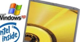 Windows XP laptop featuring Intel processor, showcasing vibrant yellow screen and marked with "Free Delivery" promotion.