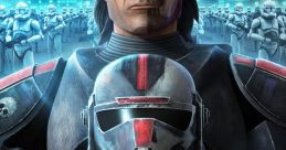 Hunter from Star Wars: The Bad Batch holding a helmet, surrounded by Clone Troopers in a futuristic setting.