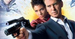 Pierce Brosnan and Halle Berry in action-packed scenes from "Die Another Day" poster, featuring iconic 007 elements.