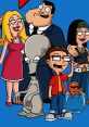 Characters from "American Dad" including Stan, Roger, and Steve, showcasing their comedic ensemble against a vibrant background.