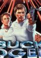 Buck Rogers and companion aiming futuristic blaster, surrounded by vibrant starburst in retro sci-fi style.