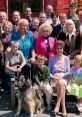 Cast of EastEnders posing together outside the iconic pub, featuring key characters and a loyal dog.