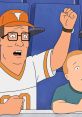 Hank Hill cheering excitedly at a sports event with Bobby, capturing their enthusiastic father-son bond from King of the Hill.