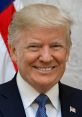 Donald Trump smiling in front of the American flag, wearing a blue tie and a suit, showcasing a confident demeanor.