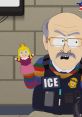 ICE agent holds a colorful doll in a scene from "South Park - Season 23," highlighting the show's satirical humor.