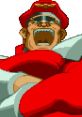 M. Bison from X-Men vs. Street Fighter, showcasing his powerful expression and iconic red outfit in pixel art style.