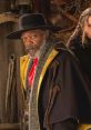 Samuel L. Jackson as Major Marquis Warren in "The Hateful Eight," showcasing a rugged Western aesthetic and intense expression.