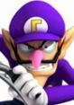 Waluigi in Mario Kart Wii, sporting a fierce expression and gripping a racing controller, ready for competition.