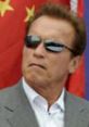 Arnold Schwarzenegger wearing sunglasses, looking serious, with a colorful background featuring flags.