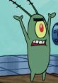 Plankton expressing frustration with exaggerated gestures in a vibrant underwater setting from a popular cartoon series.