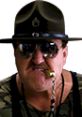 Sgt. Slaughter in military attire with sunglasses and a whistle, exuding authority and toughness. Iconic wrestling persona.