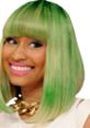 Nicki Minaj with vibrant green hair and bold makeup, showcasing her iconic style and playful personality.